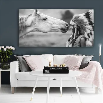 MUTU HD Tiskanja Črno-Bele Avtohtone Indijski s Konja Portret Platno Umetnosti Skandinavskih Plakat Stenske Slike za dnevno Sobo