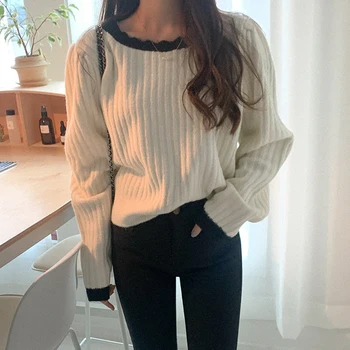 2021 new age-zmanjšanje mehka, voskasta dekle venčni ovratnik kontrast barve kratek pleteni pulover