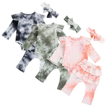 2020 Novega Otroka Tie Dye Oblačila, ki Novorojenega Dojenčka Dekle Oblačila 3Pcs Dolg Rokav Romper+Ruffle Hlače+Glavo
