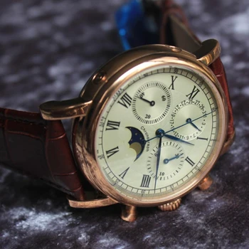 Mehanski Kronograf Watch moških ročno uro Galeb ST1908 Gibanje Zlata iz Nerjavečega Jekla, temno modra Luna Fazi mens Zapestne Ure