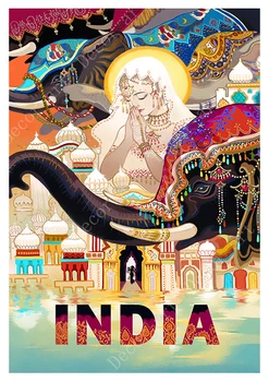 Glejte Indija Taj Mahal Slon Zemljevid Vintage Retro Potovanja Classic Platno Slike Kraft Plakate Stenska Nalepka Doma Dekor Družino Darilo