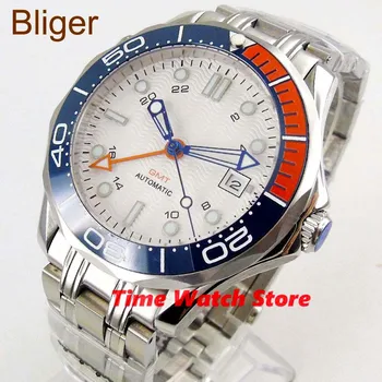 Bliger 41mm GMT 3804 samodejni watch moški nepremočljiva zapestnica iz nerjavečega jekla, bela številčnica datum modra oranžna keramične plošče
