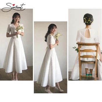 Preprost Saten Kratek Rokav Proti-vrat Poročno Obleko Gleženj-Dolžina Čipke Japonski in korejski Slim Slog Poročne Obleke