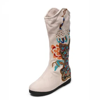 Pozimi, spomladi, jeseni večnamenski etnične cvet vezene vintage moda čevlji womens slip-on kolena višina bombaž čevlji