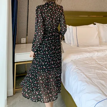 Eleganten Lok Vratu Ženske Cvjetnim Natisne Obleko z Dolgimi Rokavi Elastična Visoko Pasu Ženski Naguban A-line Obleko 2021 Novo Mujer Vestidos