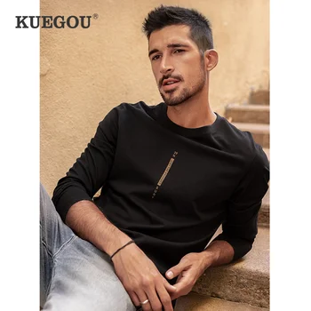 KUEGOU Bombaž oblačila moška T-shirt majica dolg rokav moda tshirt jeseni Preprosto tiskanje t shirt moški top plus velikost ZT-88052