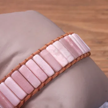 Modna ženska Zapestnica Nakit Naravnih Pink Opal Kamen Cev Kroglice Usnje Zaviti Zapestnica Punco Kreativna Darila