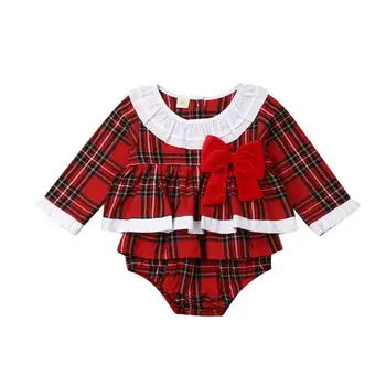 Božič newborn baby dekle rdeče kariran obleko z dolgimi rokavi lok ogrlicom Božič princesa obleko 0-24M dojenčka dekle jumpsuit 2019 VROČE