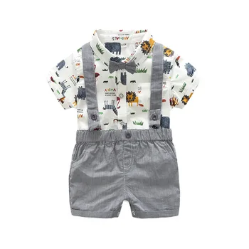 Novo Rojen Oblačila Baby Boy Girl Živali T-Shirt Kratek Rokav Vrhovi+Sivo Kariran Kratke Hlače Obleko Priložnostne Obleko, Otroci, Igralne Obleke Določa