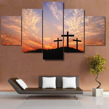 Slikarstvo Modularni Slika 5 Kos/Kos Krščanski Križ Sunset Platno Wall Art Dom Dekoracija Za Dnevno Sobo, Moderno Tiskanje