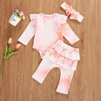 2020 Novega Otroka Tie Dye Oblačila, ki Novorojenega Dojenčka Dekle Oblačila 3Pcs Dolg Rokav Romper+Ruffle Hlače+Glavo