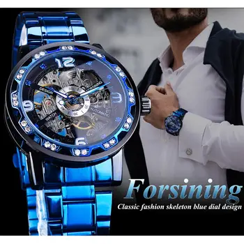 Forsining Blue Diamond Pregleden Okostje Moških Mehanska Ura Iz Nerjavečega Jekla Svetlobne Roke Ročno Uro Priložnostne Poslovnih Ura