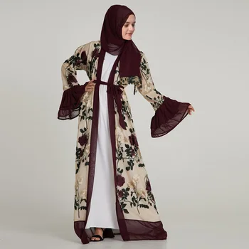Luksuzni Muslimanskih Vezenje Cvetlični Abaya Polno Obleke Flare Rokav Jopico Kimono Dolgo Haljo Tunika Bližnjem Vzhodu Ramadana Arabski Islamski