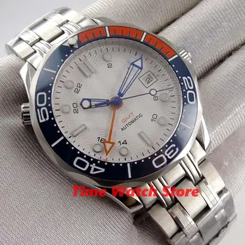 Bliger 41mm GMT 3804 samodejni watch moški nepremočljiva zapestnica iz nerjavečega jekla, bela številčnica datum modra oranžna keramične plošče