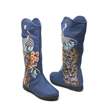 Pozimi, spomladi, jeseni večnamenski etnične cvet vezene vintage moda čevlji womens slip-on kolena višina bombaž čevlji