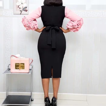 Elegantno Mozaik Stranka Dres Afriške Ženske Naguban Rokav Bodycon Midi Obleko Urad Maxi Vestidos Plus Velikost Modro Rumeno Robe