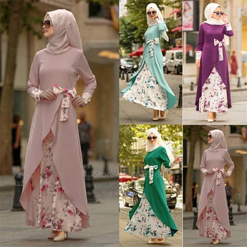 Muslimanske Ženske Abaya Islamske Turški Nezakonitih Obleko Z Dolgimi Rokavi Ženske Cvetlični Moda Lok Haljo Bližnjem Vzhodu Muslimanska Stranka Maxi