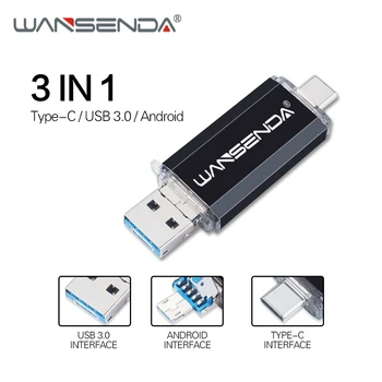WANSENDA USB Flash Drive 3 v 1, USB 3.0 & Tip-C Micro USB Pen Drive 512GB 128GB 256GB 64GB 32GB USB OTG Pendrive