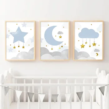 Luna Med Oblaki, Risanka Platno Plakat Vrtec Tiskanja Blue Star Zid Umetnosti Slikarstva Nordijska Otrok Dekorativne Slike Baby Boy Spalnica Dekor