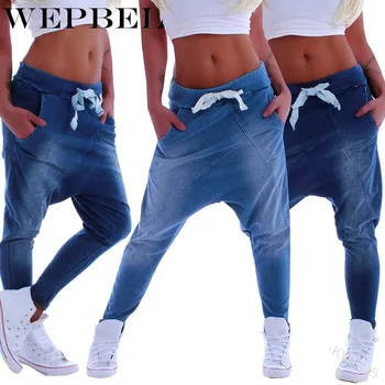 WEPBEL ženska Moda in Ženske Jeans Priložnostne Svoboden Barva Sredi Pasu Vrvico Celotno Dolžino Cross-hlače