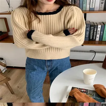 2021 new age-zmanjšanje mehka, voskasta dekle venčni ovratnik kontrast barve kratek pleteni pulover