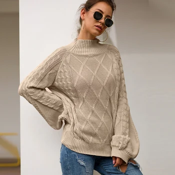 TEELYNN Pletene žensk znoj 2019 Jeseni Kaki o-vratu balon dolg rokav topel pulover boho svoboden puloverji pulover za ženske