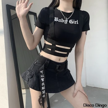 Punk Votlih Iz Black T Shirt Harajuku Pismo Tiskanja Bodycon Kratek Sleeve Zgornji Del Ženske Seksi Osnovne Rastlinske Vrhovi
