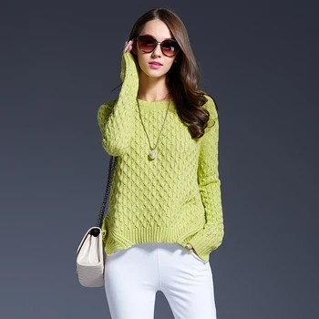 Jeseni, pozimi nova moda plus velikost ženske poln rokav pleteni pulover nov prihod gospe udobno asimetrični trdna pulover