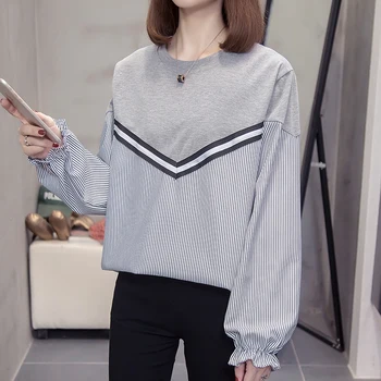 Plus velikost prugasta vrh majice za ženske do leta 2020 jeseni trendy svoboden mozaik dolg rokav tee majice Ženske oversize korejski tshirt