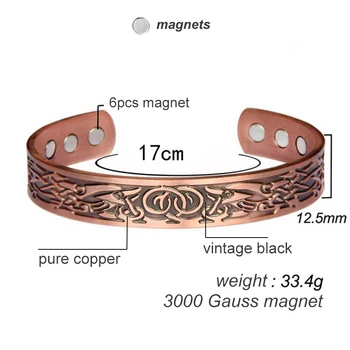 3000 Gauss Magnet Čistega Bakra Zapestnico Moške Energije Magnetnega Prilagodite Hlačnice Zapestnica Femme Letnik Carving Široko Zapestnice Bangles