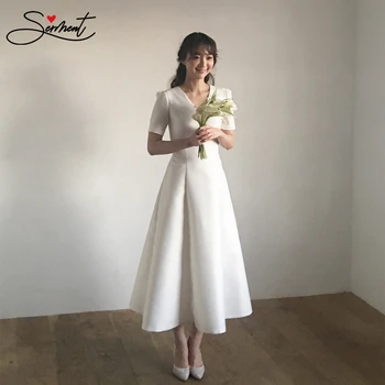 Preprost Saten Kratek Rokav Proti-vrat Poročno Obleko Gleženj-Dolžina Čipke Japonski in korejski Slim Slog Poročne Obleke
