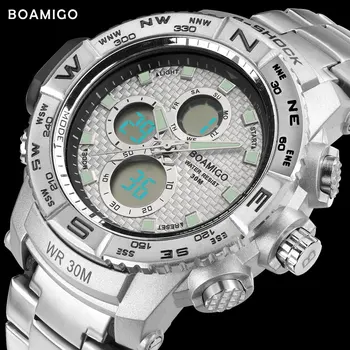 S-ŠOK moški šport gledam jekla LED digital ura analogna quartz uro BOAMIGO blagovne znamke kronograf ura 30 M nepremočljiva reloj hombre