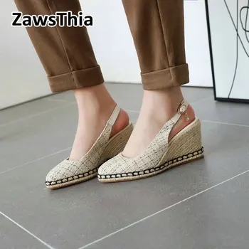 ZawsThia 2020 poletje kariran tweed preveriti, ženska, čevlji platform klini visokih petah slingback sandali ženske klini espadrile femme