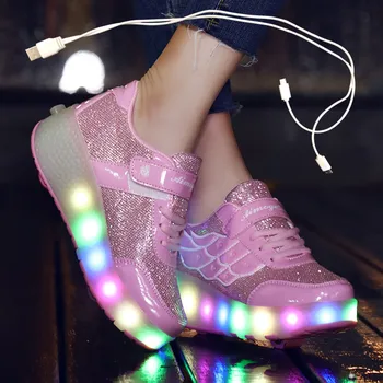 Polnjenje prek kabla USB Otrok Valjčni Skate Priložnostne Čevlji Fantje Dekle Samodejno Jazzy LED Osvetljeno Utripa Otroci Žareče Superge s Kolesi