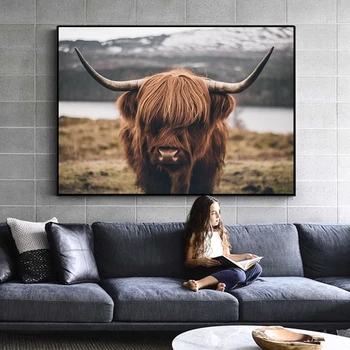 Highland Krave prosto Živečih Živali Skandinavskih Goveda Platno Slikarstvo Nordijska Plakati in Tisk Stenskih slikah, za Dnevna Soba Dekor