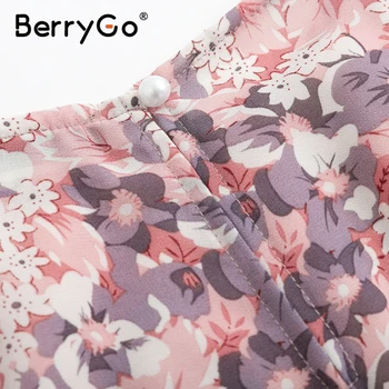BerryGo Ženske cvjetnim tiskanja obleko Elegantno puff rokav a-line šifon obleko Visoko pasu krila delo obrabe urad dama roza obleko 2020