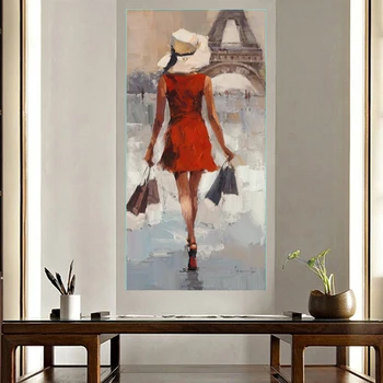 Sodobno Dekle v Rdeči Obleki Modne Portret Umetnine 3D Ročno Oljno sliko za Verando, Hodnik Office Home Decor Padec Ladijskega prometa