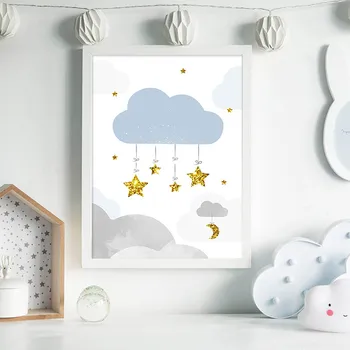 Luna Med Oblaki, Risanka Platno Plakat Vrtec Tiskanja Blue Star Zid Umetnosti Slikarstva Nordijska Otrok Dekorativne Slike Baby Boy Spalnica Dekor