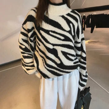 [EAM] Zebra Vzorec Velik obseg Pletenje Pulover Ohlapno okoli Vratu Dolgimi Rokavi Ženske Puloverji Novo Modno Jesen Zima 2021 1DC720