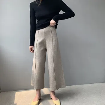 Jeseni, pozimi moda Nove Ženske Kratek design volne mešanice mehko elegantne Hlače, pletene, široko noge hlače, pletene hlače korejskem slogu