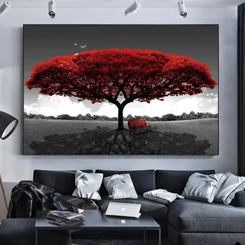 Nordijska Dekor Rdeča, Romantično Drevo Wall Art Na Platno Slikarstvo Plakatov In Fotografij Krajinski Park Brez Okvirja Slike Za Dnevno Sobo