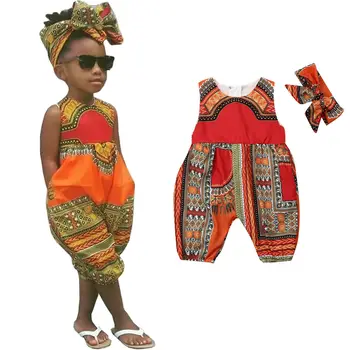 Afriški Stil Dojenčka Newborn Baby Dekleta, Otroci Jumpsuit Malčka Playsuit Obleko+Lok Glavo
